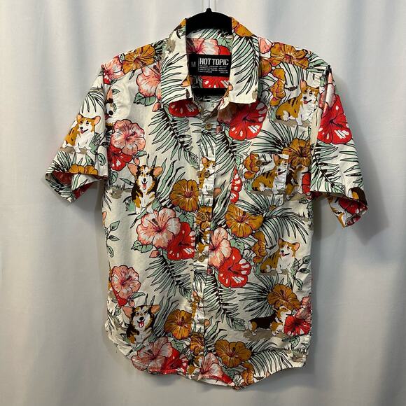 Hot Topic Mens Hawaiian Corgi Short Sleeve Button Up Shirt 100% Cotton M - Picture 1 of 7